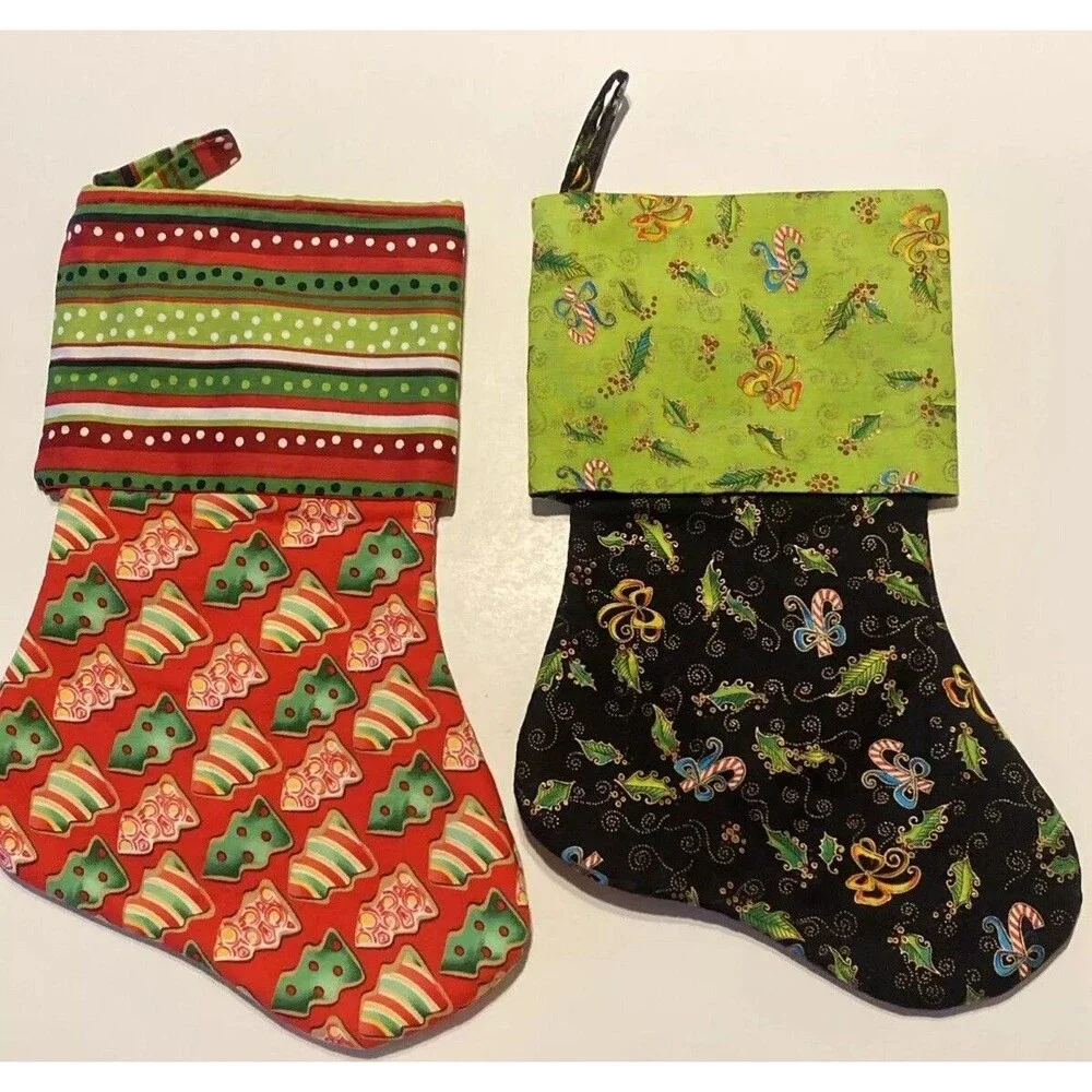 Handmade Christmas Stockings 12” Lot Of 2 Candy Cane Holiday Tree Ribbon Holly